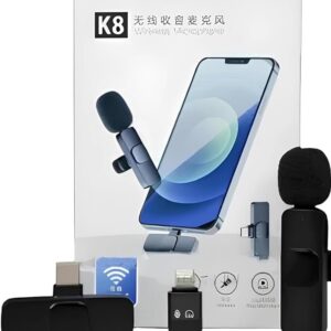 K8 Wireless Microphone, Digital Mini Portable Recording Clip Mic with Receiver for All Type-C Lightning Mobile Phones Camera Laptop for Vlogging YouTube Online Class, Zoom Call