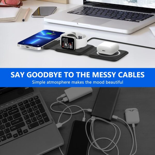 3 in 1 Magnetic Foldable MagSafe Compatible Wireless Charger for iPhone 16-12 Series | AirPods 2, 3, Pro, Pro2 | Compatible with only Apple Watch Series | 23W Charging | Wireless Charger - Matte Black - Image 6